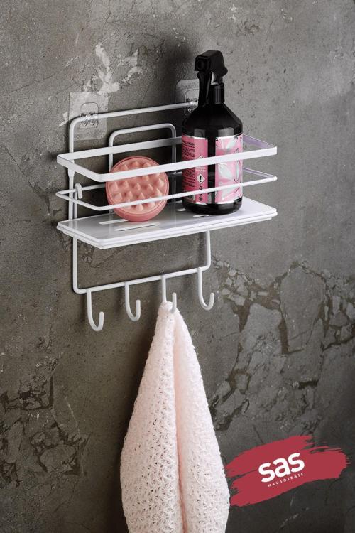 4 Kancalı Ayarlanabilir Banyo Duş Rafı – Paslanmaz Kristal Şampuanlık (Yapıştır/Vidala) Beyaz-Beyaz