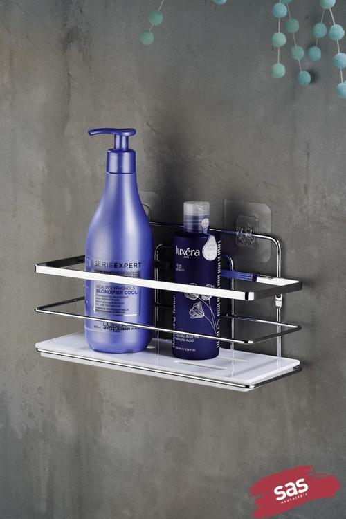 Tekli Ayarlanabilir Banyo Duş Rafı – Paslanmaz Kristal Şampuanlık (Yapıştır/Vidala) Krom-Beyaz