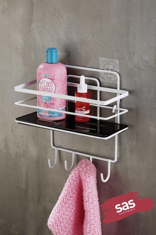 4 Kancalı Ayarlanabilir Banyo Duş Rafı – Paslanmaz Kristal Şampuanlık (Yapıştır/Vidala) Beyaz-Siyah