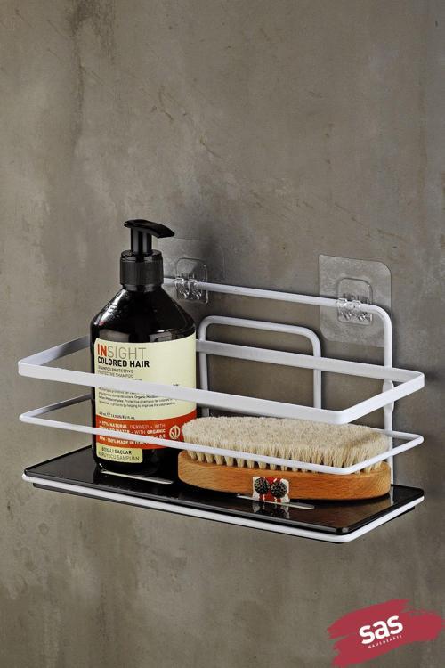 Tekli Ayarlanabilir Banyo Duş Rafı – Paslanmaz Kristal Şampuanlık (Yapıştır/Vidala) Beyaz-Siyah