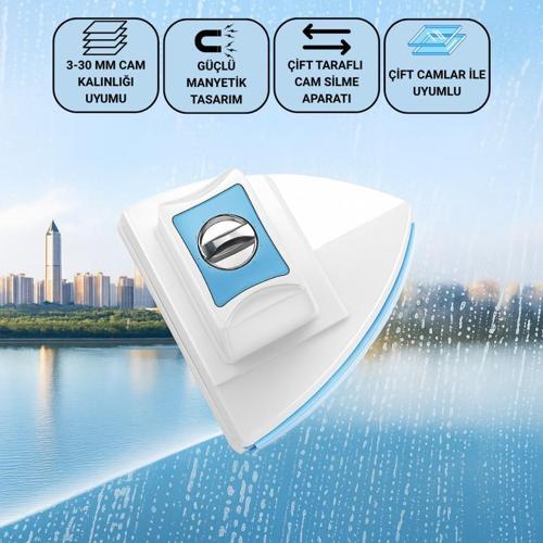 3-30 MM Çift Cam Uyumlu Ev ve Ofis Manyetik Cam Temizleyici, Çift Taraflı, Güvenli İpli Süper Etkili Cam Temizley