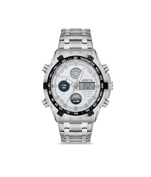 Analog Dijital Erkek Kol Saati, Gümüş Çelik Kordon, Beyaz Kadran, Kronometre ve Alarm Fonksiyonlu, Su Geçirmez