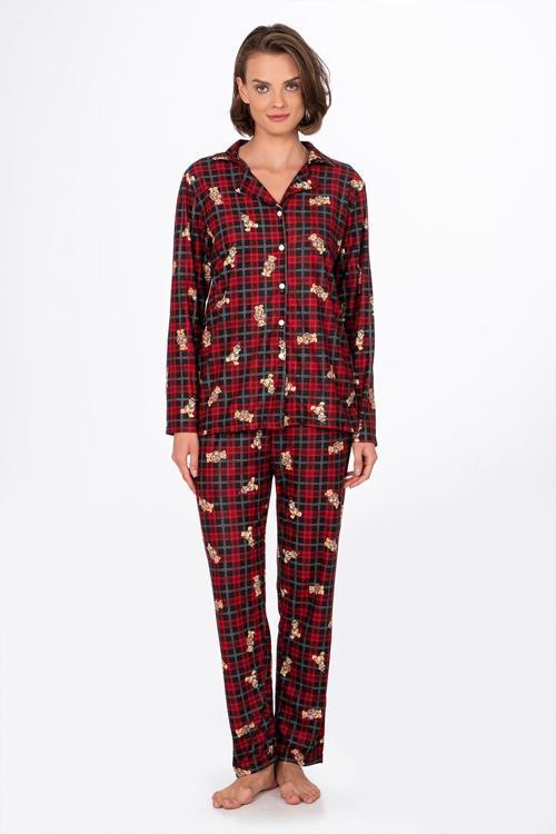 Kadın Süet Önden Düğmeli Pijama Takımı | Ayıcık Desen