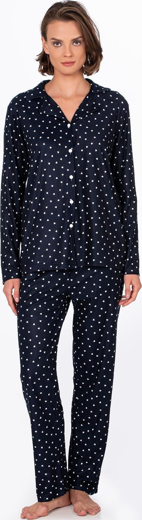 Kadın Süet Önden Düğmeli Pijama Takımı | Kalpli Lacivert