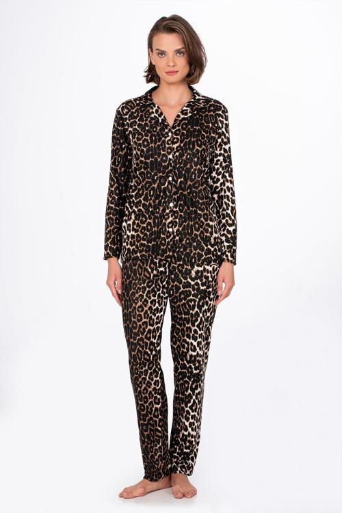 Kadın Süet Önden Düğmeli Pijama Takımı | Leopar