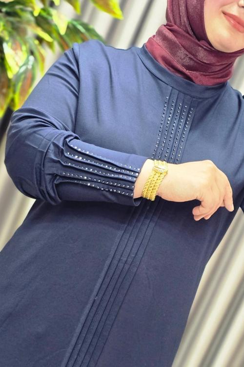 Kadın Giyim Büyük Beden Kolu Nevrür Taşlı Çimalı Elbise