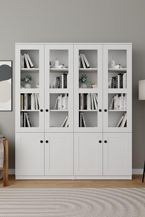 Lisa 8 Kapaklı Beyaz Vitrin Seti - Kitaplık ve Çok Amaçlı Dolap