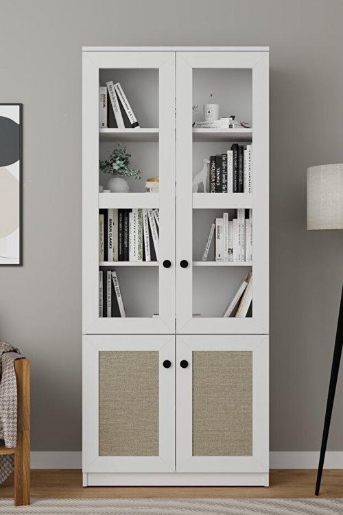 Lisa Kumaş Desenli 4 Kapaklı Beyaz Vitrin - Kitaplık ve Çok Amaçlı Dolap