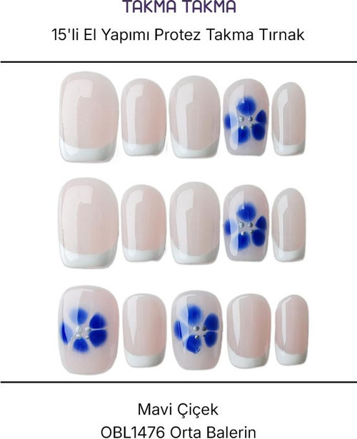 15'li Beyaz Orta Balerin OBL1476 Tekrar Kullanılabilir El Yapımı Protez Takma Tırnak Beyaz-XS