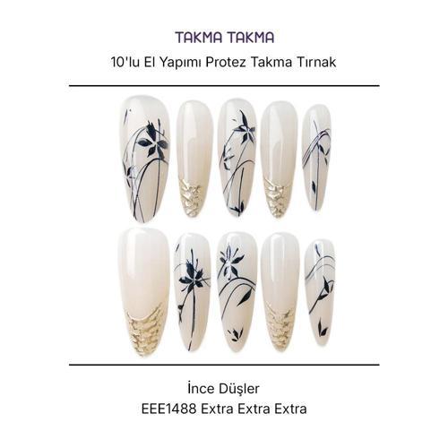 10'lu Ten Rengi Extra Extra Extra EEE1488 Tekrar Kullanılabilir El Yapımı Protez Takma Tırnak Ten Rengi-M