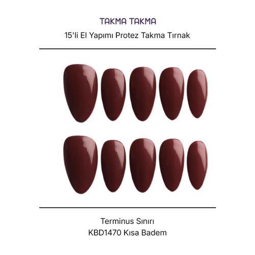 15'li Bordo Kısa Badem KBD1470 - Tekrar Kullanılabilir El Yapımı Protez Takma Tırnak Bordo-M