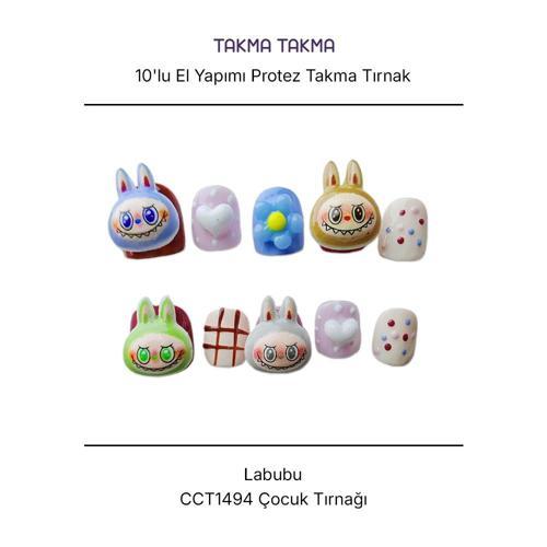 10'lu Renkli Çocuk Tırnağı CCT1494 Tekrar Kullanılabilir El Yapımı Protez Takma Tırnak Renkli-M