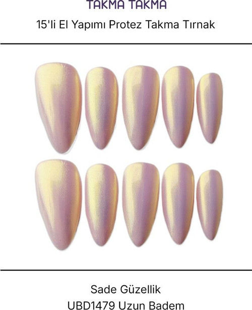 15'li Ten Rengi Uzun Badem UBD1479 Tekrar Kullanılabilir El Yapımı Protez Takma Tırnak Ten Rengi-L