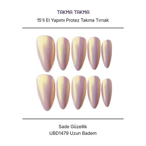 15'li Ten Rengi Uzun Badem UBD1479 Tekrar Kullanılabilir El Yapımı Protez Takma Tırnak Ten Rengi-XS