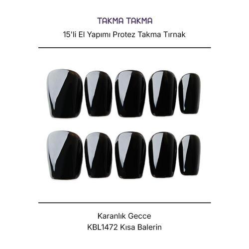 15'li Siyah Kısa Balerin KBL1472 Tekrar Kullanılabilir El Yapımı Protez Takma Tırnak Siyah-L