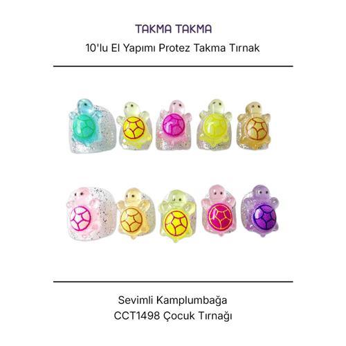 10'lu Renkli Çocuk Tırnağı CCT1498 Tekrar Kullanılabilir El Yapımı Protez Takma Tırnak Renkli-L