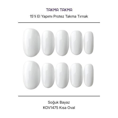15'li Beyaz Kısa Oval KOV1475 Tekrar Kullanılabilir El Yapımı Protez Takma Tırnak Beyaz-XS