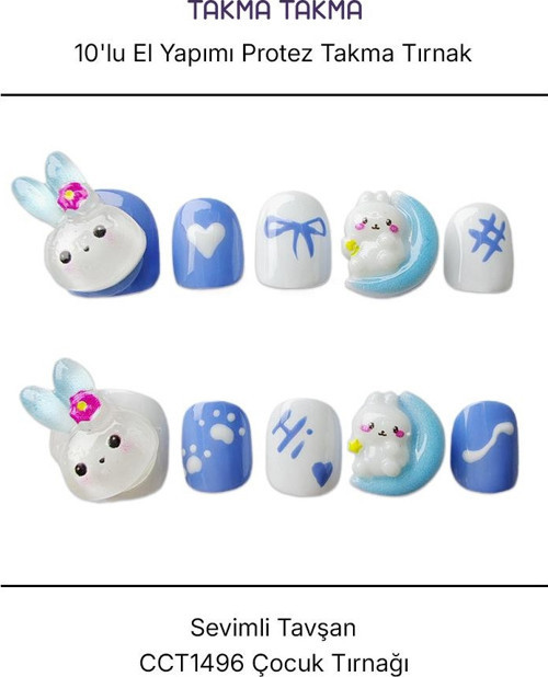 10'lu Mavi Çocuk Tırnağı CT1496 Tekrar Kullanılabilir El Yapımı Protez Takma Tırnak Mavi-S