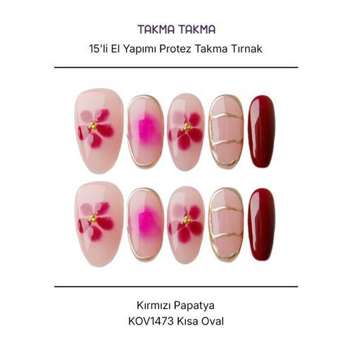 15'li Renkli Kısa Oval KOV1473 Tekrar Kullanılabilir El Yapımı Protez Takma Tırnak Renkli-XS