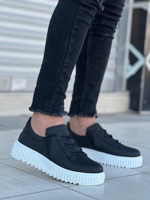 KB-X502 Kuback Siyah Cilt Yüksek Beyaz Taban Bağcık Detaylı Lastikli Günlük Erkek Ayakkabı