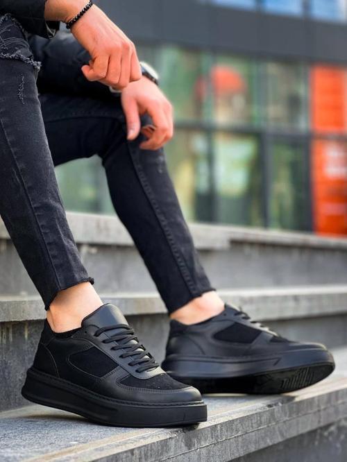 KB-X8 Kuback Siyah Cilt Siyah Süet Detaylı Siyah Yüksek Taban Günlük Spor Ayakkabı