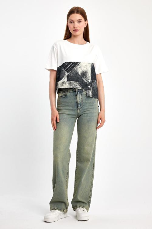 Denim Parçalı Tişört