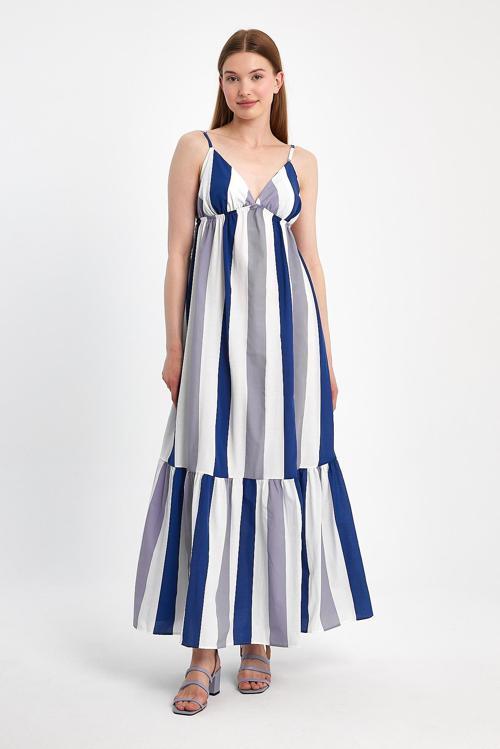 Boyuna Çizgili Ayarlanabilir Askılı Uzun Elbise