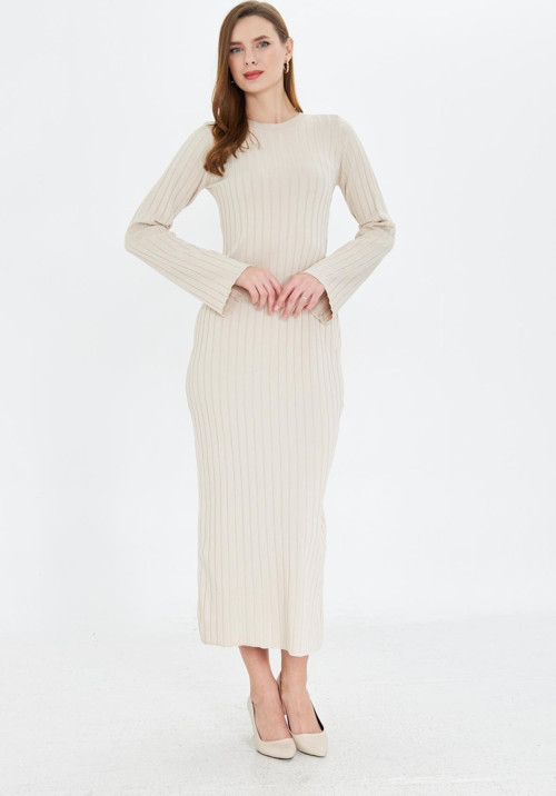 Bisiklet Yaka Standart Beden Fitilli Görünümlü Fit Kesim Uzun Elbise