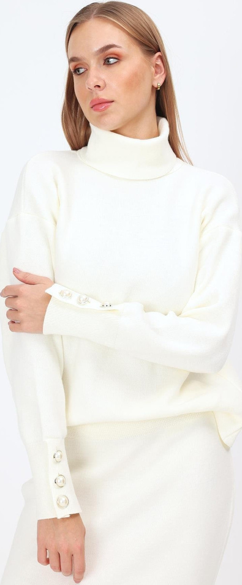 Kalın Balıkçı Yaka Kol Düğme Detay Kazak ve Yırtmaçsız Lastik Bel Etek Triko Takım