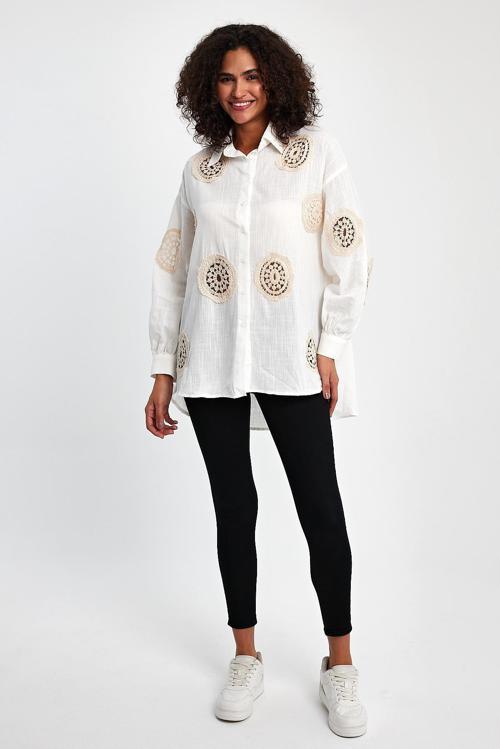 Çiçek Desenli Keten Gömlek