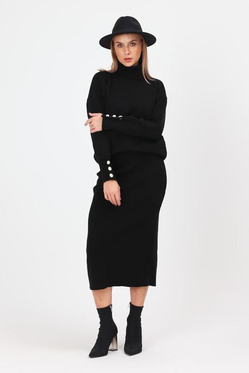 Kalın Balıkçı Yaka Kol Düğme Detay Kazak ve Yırtmaçsız Lastik Bel Etek Triko Takım