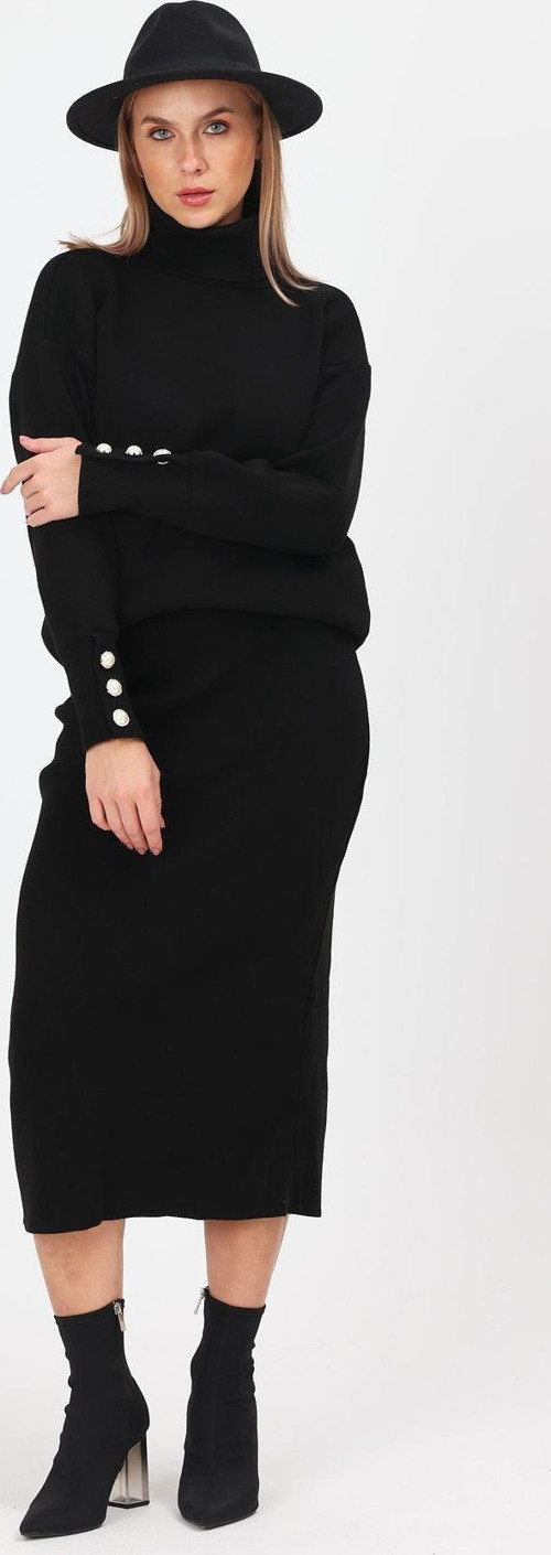 Kalın Balıkçı Yaka Kol Düğme Detay Kazak ve Yırtmaçsız Lastik Bel Etek Triko Takım