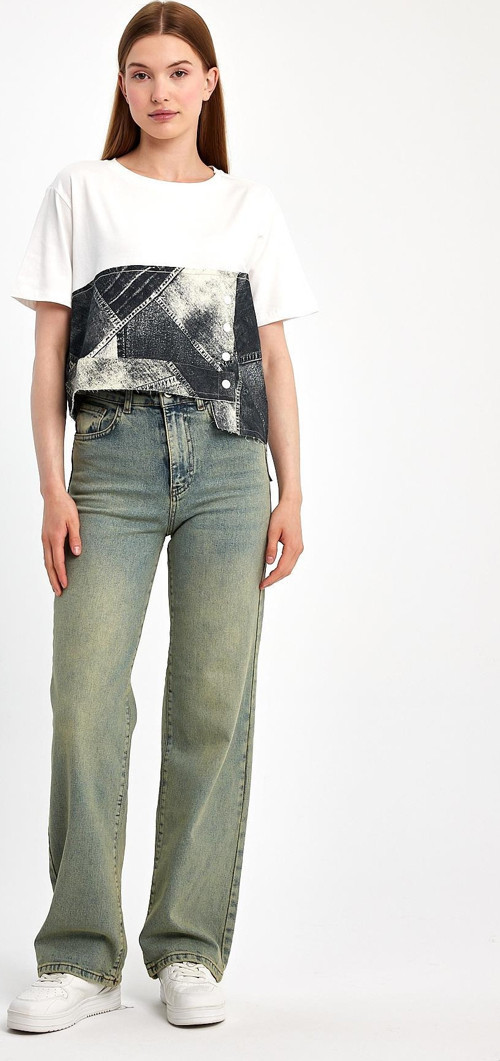 Denim Parçalı Tişört