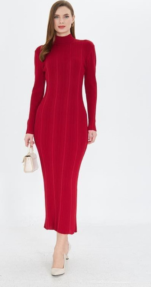 Yarım Balıkçı Yaka Standart Beden Fitilli Görünümlü Fit Kesim Uzun Elbise