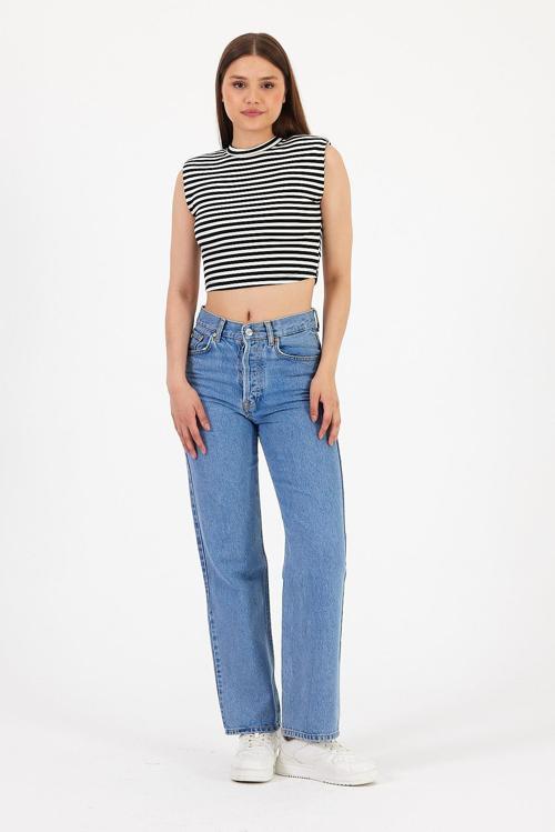 Omuz Vatkalı Çizgili Crop