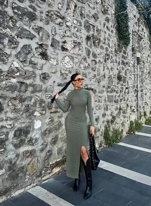 Yırtmaçlı kalın bürümcük uzun elbise Yeşil