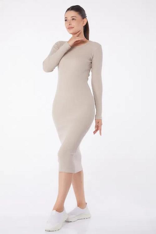 Düz Bisiklet Yaka Kadın Midi Elbise