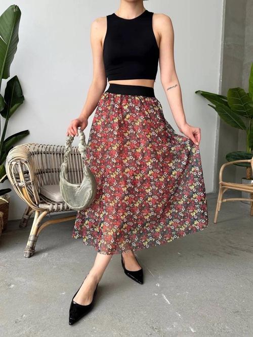 Baskılı astarlı uzun etek