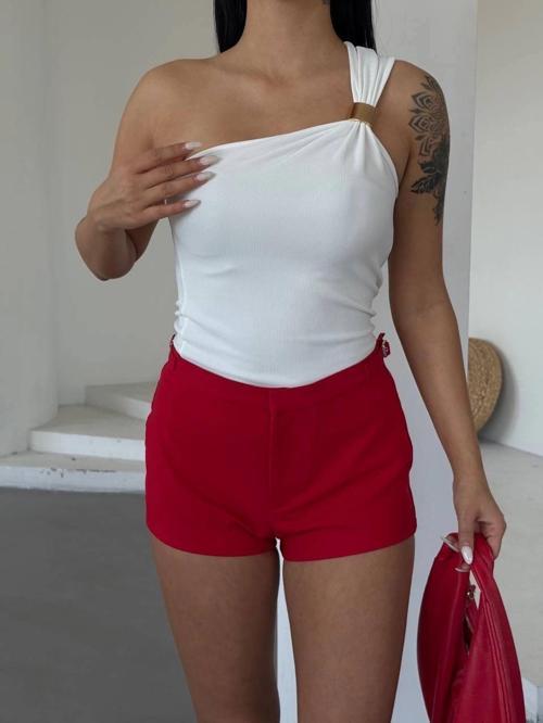 Tek omuzlu Otoman kumaş gold metal detaylı bluz s2311