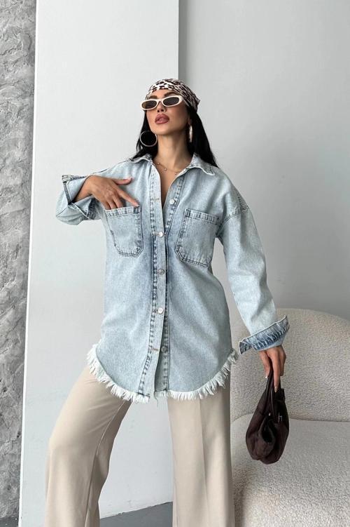 Cepli püsküllü kar yıkama kot ceket mavi d2515