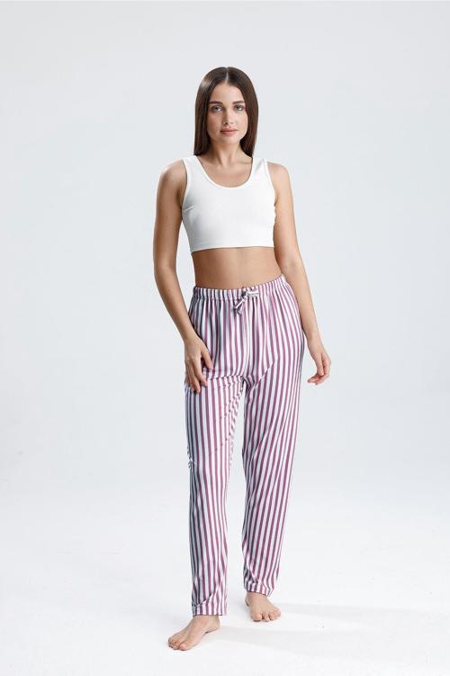 Kadın Dikey Çizgili Uzun Pijama Pantolon | Mor