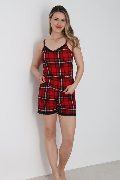 Kadın Ekose Desenli Dantel Detay İp Askılı Şort Takım | K.Beyaz 50115-328