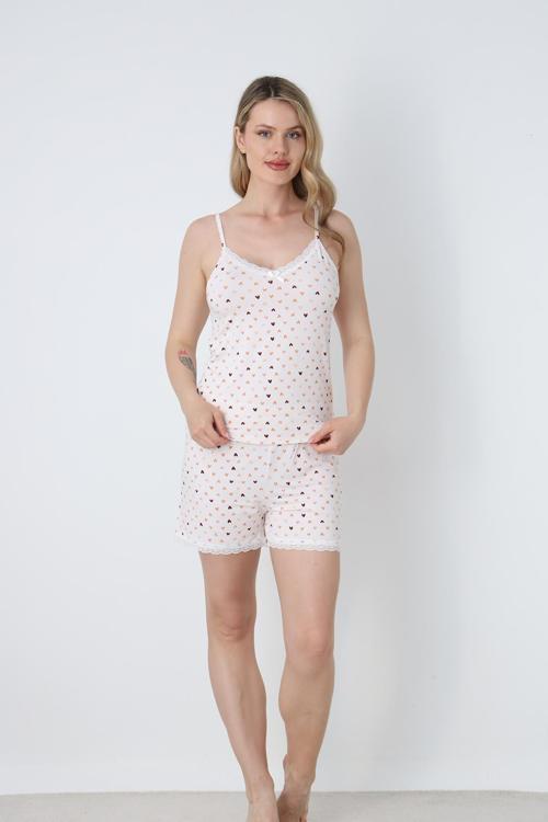 Kadın Kalp Desenli Dantel Detay İp Askılı Şort Takım | Ekru 50115-1442