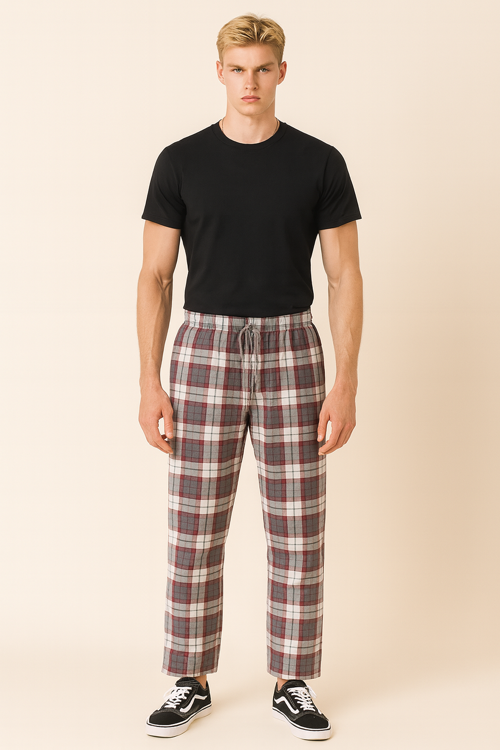 Erkek %100 Pamuk Cepli Ekose Pijama Altı | Gri