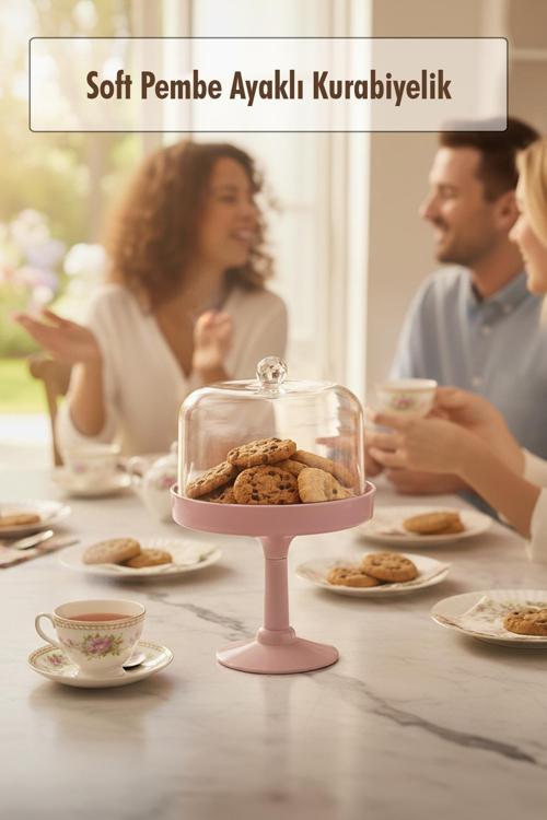Soft Pembe Akrilik Ayaklı Kurabiyelik & Kapaklı Sunum Standı - 2 Parça