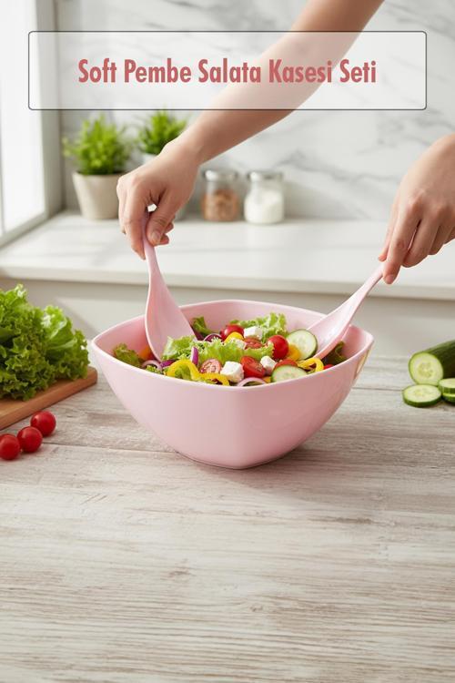 3,5 Lt Soft Pembe Akrilik Kare Salata ve Servis Kasesi Seti – 3 Parça
