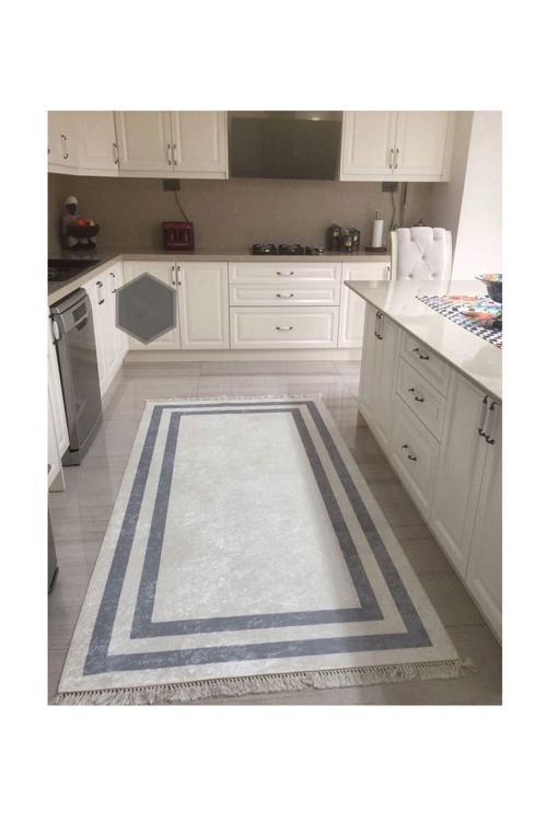 Pasa Kaymaz Tabanlı Yıkanabilir Halı Kilim Yolluk Gri Beyaz