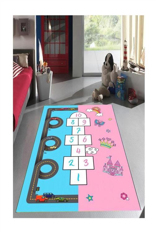 Seksek Erkek Kız Çoçuk Kaymaz Tabanlı Makinede Yıkanabilir Halı Kilim Yolluk Pembe Mavi