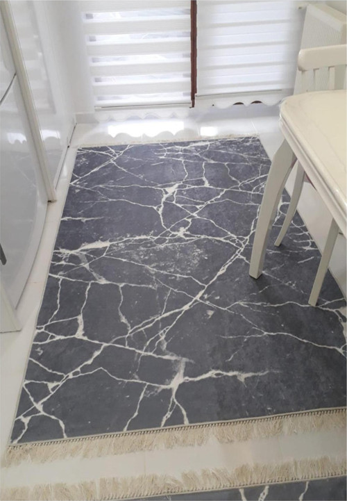 Marbled Mermer Kaymaz Tabanlı Yıkanabilir Halı Kilim Yolluk Gri Beyaz