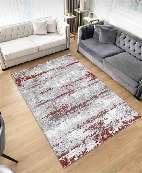 Gri Kırmızı Kaymaz Tabanlı Halı Makinede Yıkanabilir Antialerjik Halı Kilim Yolluk